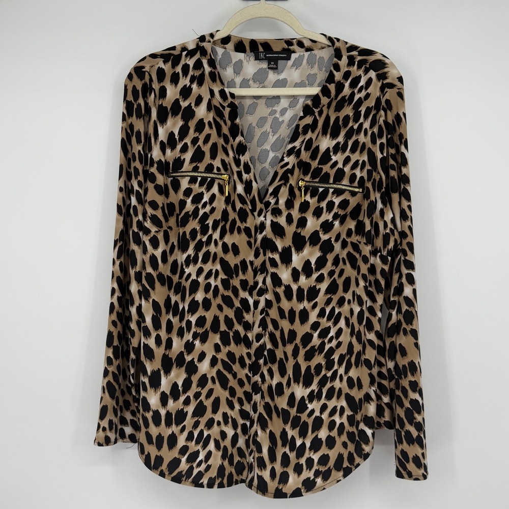 INC International Concepts Leopard Print Blouse Plus Size 0X Brown Zip Pockets